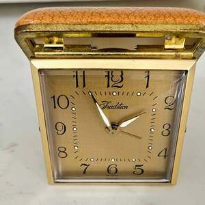 Vintage Tradition Mechanical Wind-Up Folding Travel Alarm Clock in Leather Case
